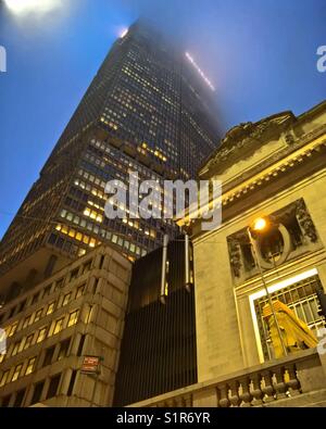 Grand Central station and MetLife building look from below on a foggy night Stock Photo