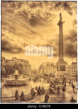 An antique effect image of Trafalgar Square, Greater London , England. The focal point is Nelson's Column - a 52 meter high structure with a statue of Horatio Nelson at it's top. Photo © C. HOSKINS. Stock Photo