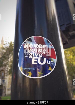 U.K. Brexit debate. 'Never going to give EU up' campaign sticker on a lamp post in central London.