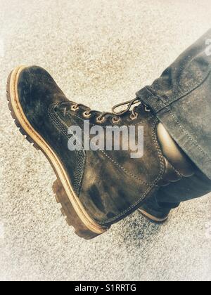 Timberland boots, being worn, Stock Photo