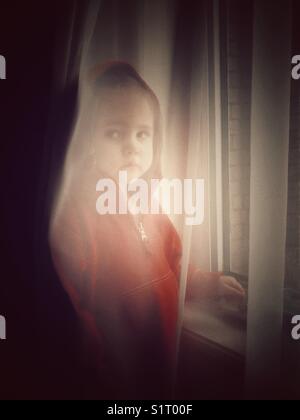 Young child hiding behind a sheer curtain with fearful look on face Stock Photo