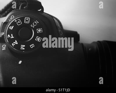 Close up of a Canon EOS 6D set on Manual mode. In black and white. Stock Photo