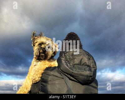 A girl in a knitted hat and warm coat carrying her scruffy pet dog on her shoulder with a dramatic sky behind Stock Photo