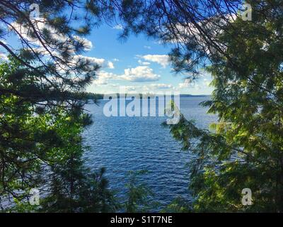 Lake Island Portrait From Behind Forest Stock Photo