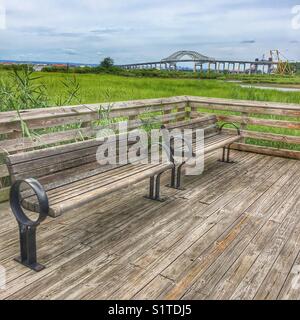 Wooden benches in Bayonne Park Stock Photo