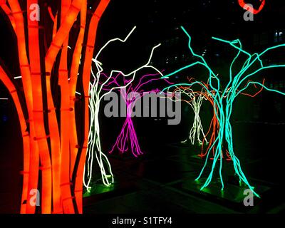 Neon light trees Stock Photo