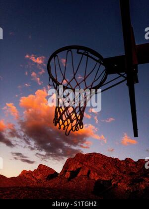 Hoop dreams, sunset, Santa Catalina Mountains, Sonoran Desert, Catalina, Arizona, USA. Stock Photo