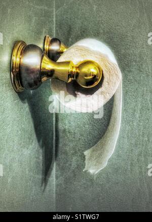 Side view of toilet roll paper on a brass and metal holder partially unrolled with a teal wall background Stock Photo