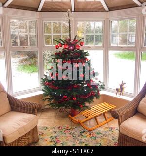 Real Christmas tree in a conservatory decorated with red baubles, with snow on the ground outside. Hampshire, England, United Kingdom. Stock Photo