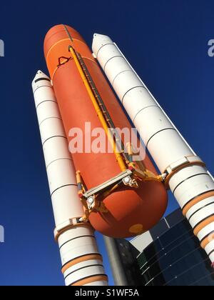 Space Shuttle solid rocket boosters and external fuel tank on display at Kennedy Space Center Visitor Complex. Stock Photo