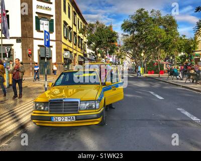 Taxis waiting for clients, queuing in Avenida Arriaga, Funchal, Madeira, Portugal Stock Photo