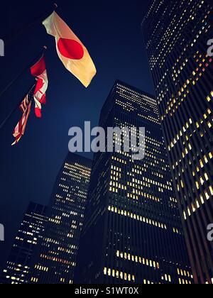 Nation flags and skyscrapers along Avenue of the Americas at dusk, midtown Manhattan, New York City, USA Stock Photo