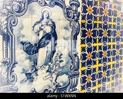 Azulejos, blue and white tiled religious picture, São Vicente parish church, São Vicente, Madeira, Portugal Stock Photo