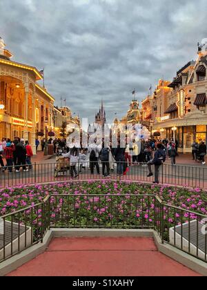 Disneyworld, Disney’s Magic Kingdom. Evening View down Main Street to Cinderella’s castle. Orlando Florida. Stock Photo