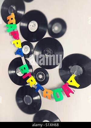 Vinyl Record display with festive happy birthday bunting, United Stock ...