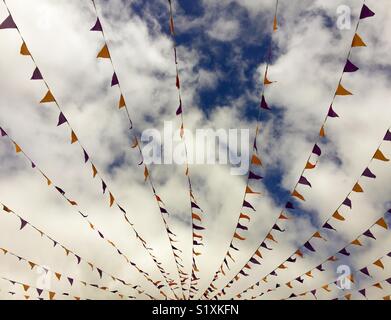 Party triangle bunting flags hanging on the rope. On the old wooden ...