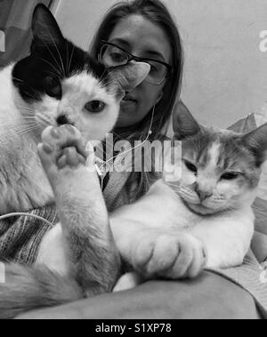 A black and white photograph of a woman sitting holding two cats while she listens to music on a Saturday evening Stock Photo