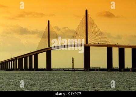 The Sunshine Skyway suspension bridge spans Tampa Bay near the city of St. Petersburg. Stock Photo