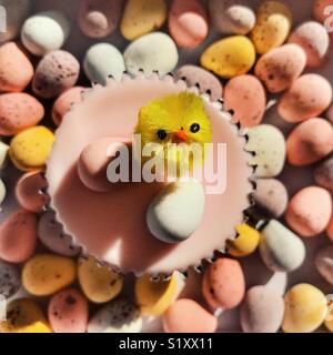 Sponge cupcake decorated with an Easter chick, pink icing and sugar coated chocolate Easter Eggs, surrounded by many Easter eggs Stock Photo