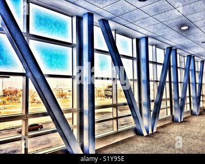 View from inside skywalk looking towards road Stock Photo