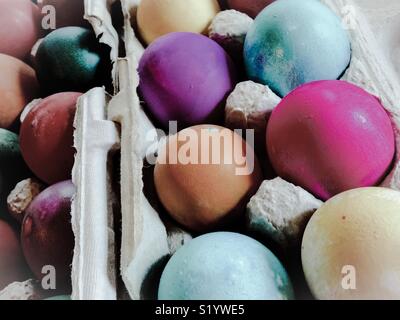 Pastel filter on photo of colorfully dyed Easter eggs Stock Photo