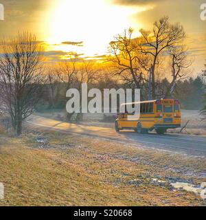 Yellow school bus driving down rural road at sunrise in the morning Stock Photo