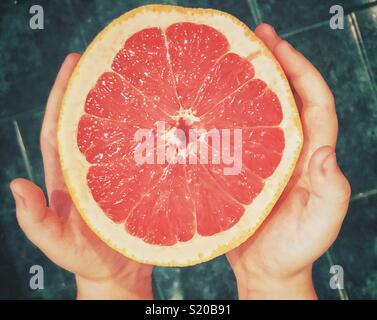 Large Ruby Red grapefruit half in child’s hands from child perspective Stock Photo