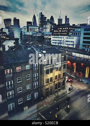 Street scene in East London looking towards the City of London and the financial district Stock Photo