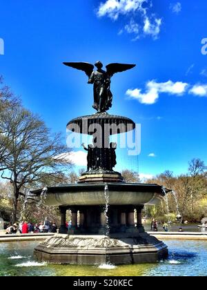 The angel of the waters fountain is in Bethesda Plaza in Central Park, New York City, United States Stock Photo