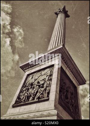 A grunge effect image of the view looking up at Nelson’s Column, Trafalgar Square, Central London, England. Lord Horatio Nelson’s statue is not visible! Photo Credit - © COLIN HOSKINS. Stock Photo