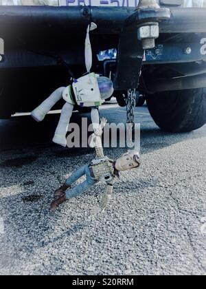 Buzz Lightyear and Woody toys clinging to bumper of vehicle in North Carolina parking lot Stock Photo Alamy
