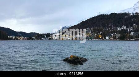 Wide angle view of St Moritz with lake st Moritz in the foreground Stock Photo