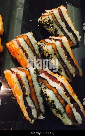 Sandwich style salmon sushi. Stock Photo