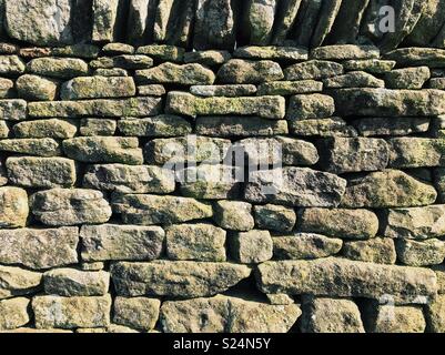 Detail of an English dry stone wall on farmland in Northumberland, England. Stock Photo