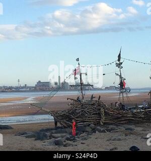 Shipwreck on the beach overlooking the Liverpool waterfront Stock Photo