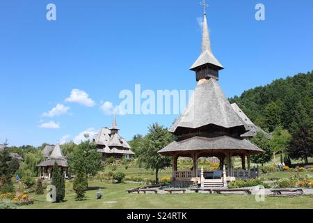 Wooden churches at Barsana Monastery in Maremures, Romania Stock Photo