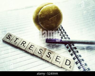 stress ball, pen, and the word Stressed in wooden letters on an open, empty, spiral bound notebook Stock Photo