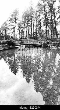 Calming water reflects tall trees, food bridge and the sky in Nishinomiya Tsutakawa Japanese Garden, a place where nature, tranquility and beauty come together Stock Photo
