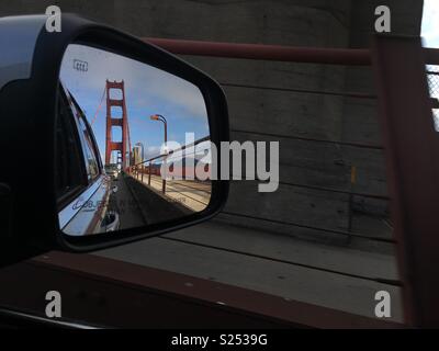 Golden Gate Bridge in a rear view mirror Stock Photo