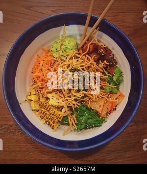 Crispy noodles and pork poke bowl Stock Photo