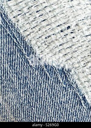 Blue torn jeans fabric texture. Distressed denim with hole and seam  background Stock Photo | Adobe Stock