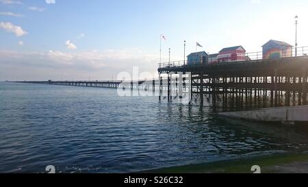 Southend Pier, the longest pleasure pier in the world at 1.34 miles. Shot in Spring from the east. Stock Photo