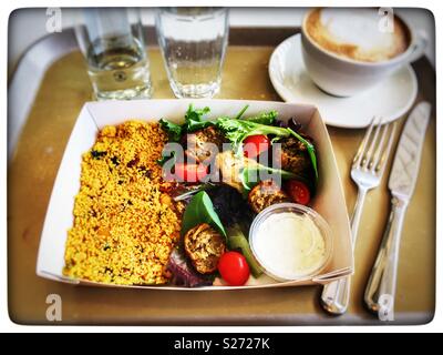 Waitrose Cafe Moroccan salad, coffee and sparkling water Stock Photo