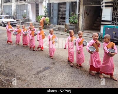 Young girls, Buddhist child nuns, during a begging-tour in the morning, historic centre of Yangon, Rangoon, Myanmar, Burma Stock Photo