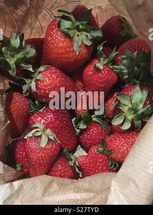 Brown paper bag with fresh red strawberries Stock Photo
