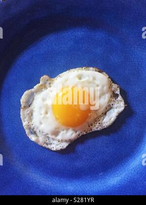 Fried egg on blue plate Stock Photo