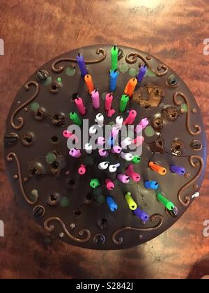 Chocolate cake with birthday candles Stock Photo