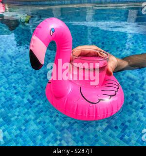 Woman’s hand reaching for a glass in a floating Pink flamingo drinks holder in a swimming pool Stock Photo