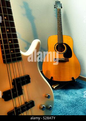 Guitars on stands in a home music room, USA Stock Photo