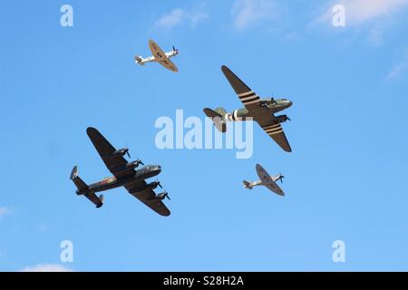 2 Spitfires, Lancaster Bomber and Dakota from the BBMF at RIAT 2018 Stock Photo
